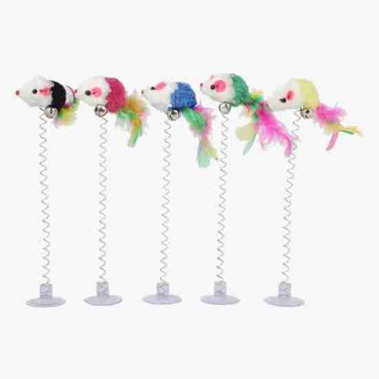 Wholesale Suction Cup Spring Feather Cat Teaser (Colorful Mouse Design, In-Stock)